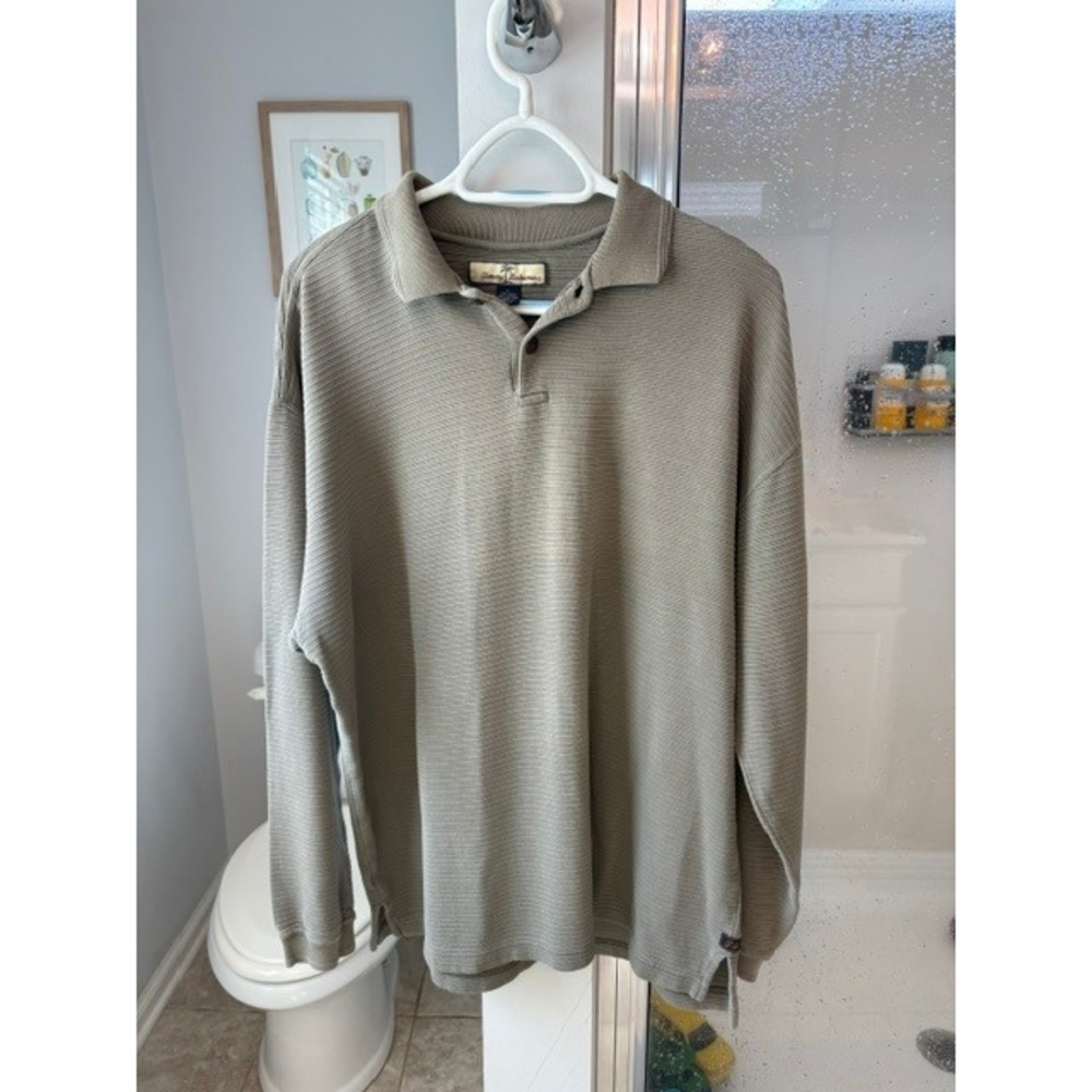 Tommy Bahama Men's L Polo Shirt Olive Khaki 70% Silk Cotton Long Sleeve